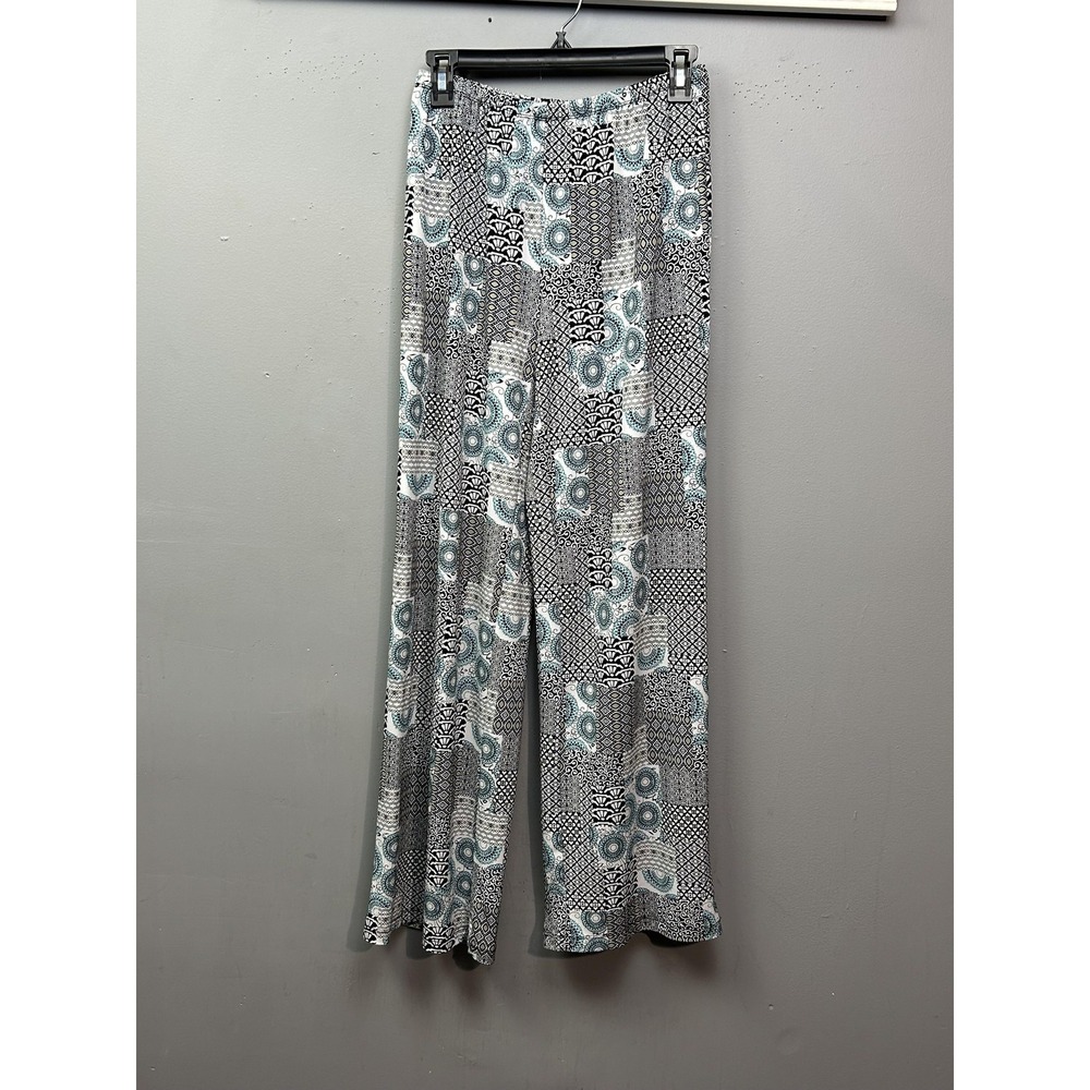 Grace Elements Pants Womens Small Black White Teal Patch Wide Leg Palazzo Boho